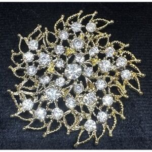 Vintage Gold Tone Rhinestone Floral Cluster Brooch Sparkling Clear Stones Statem